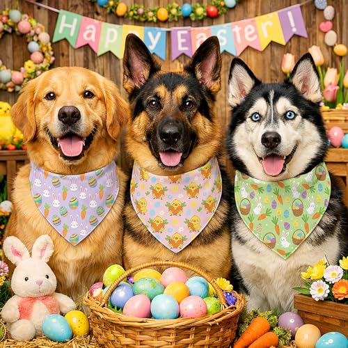 Image of Abbylike 50 Pcs Easter Dog Bandanas Bulk Bunny Egg Carrot Bandanas for Dogs Triangle Kerchief Bibs Scarf Set for Pet Easter Costume Photo Props Accessories Pet Shops, 25 Styles (31.5 x 21.7 x 21.7)