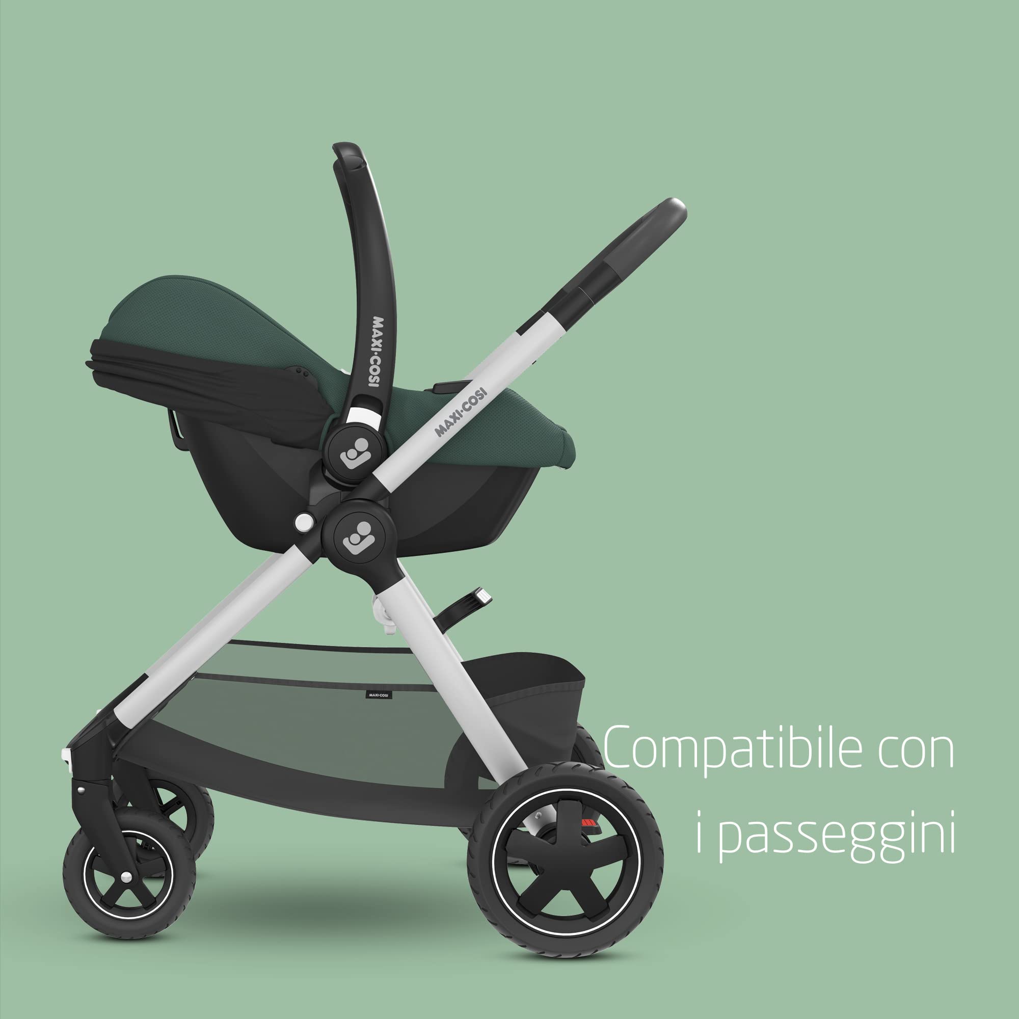 Maxi-Cosi CabrioFix i-Size, Seggiolino auto neonato, 0-12 mesi, 0-12 kg, Seggiolino auto Isofix leggero (3,2 kg), Capottina ampia, Seduta ultra imbottita, Riduttore Neonato, Essential Green