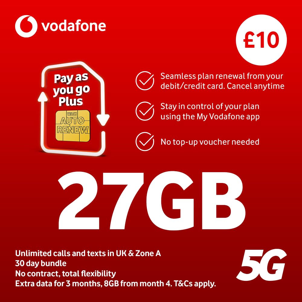 Vodafone Pay As You Go Plus SIM, 27GB Data, Unlimited UK Calls & Texts, 30 Days, 5G