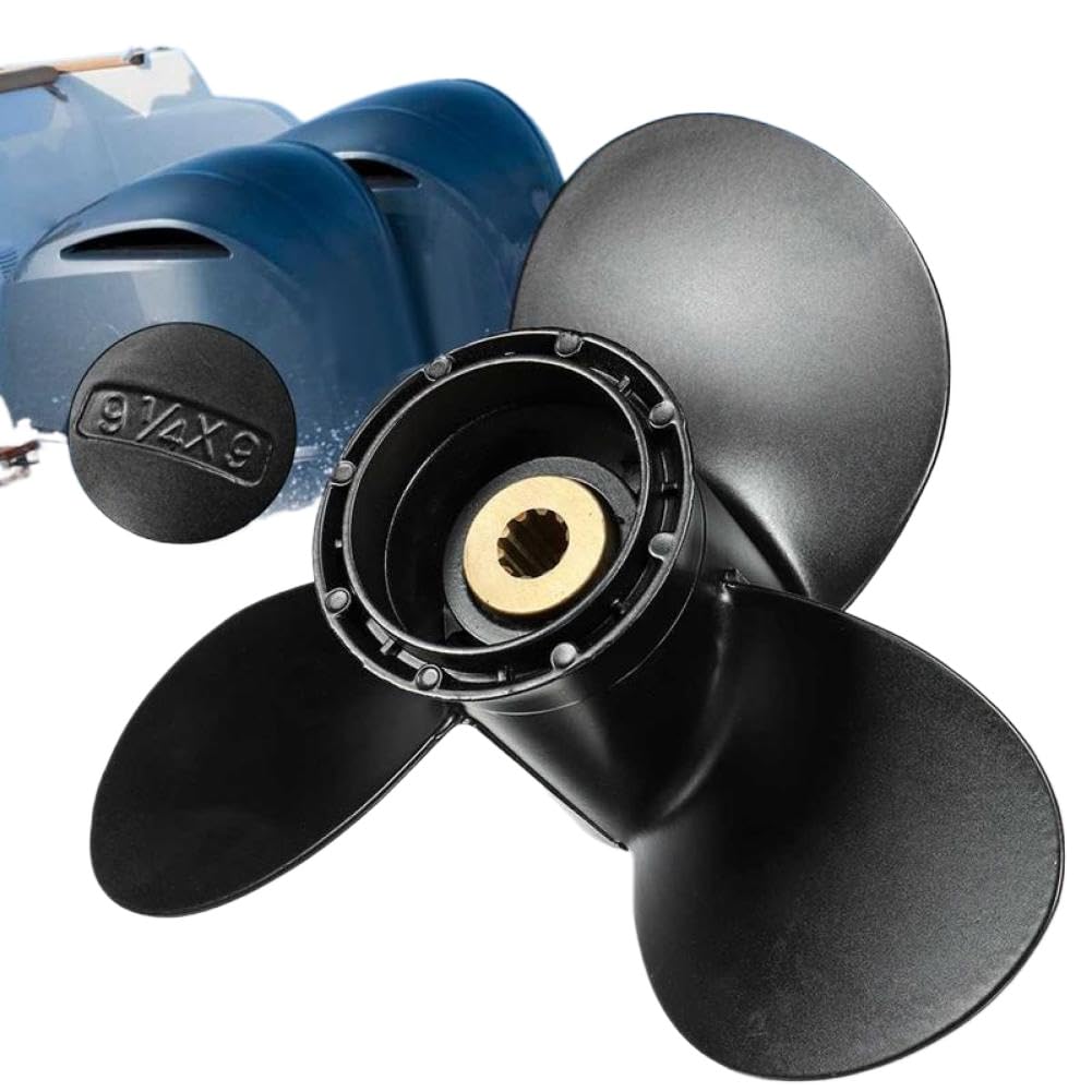 Hélice fueraborda 58100-93723-019 Compatible con 8-20 motores fueraborda 9 1/4 X 9 Aluminio 3 Negro 10 dientes estriados R Rotación