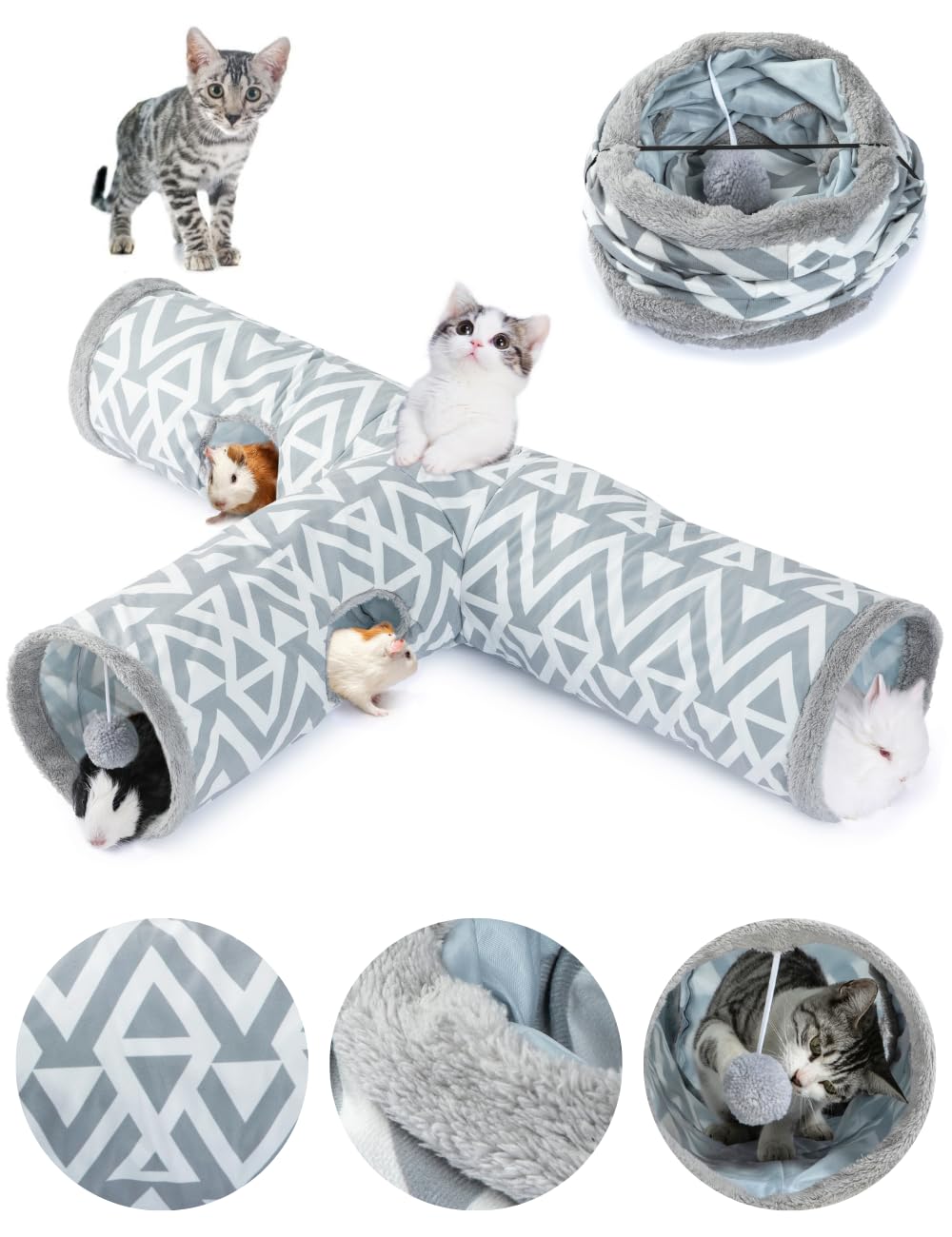 JanYoo Tunnel pliable à 3 voies pour chat d'intérieur - Jouet pour animal domestique - Cachette de lapin, cochon d'Inde, furet
