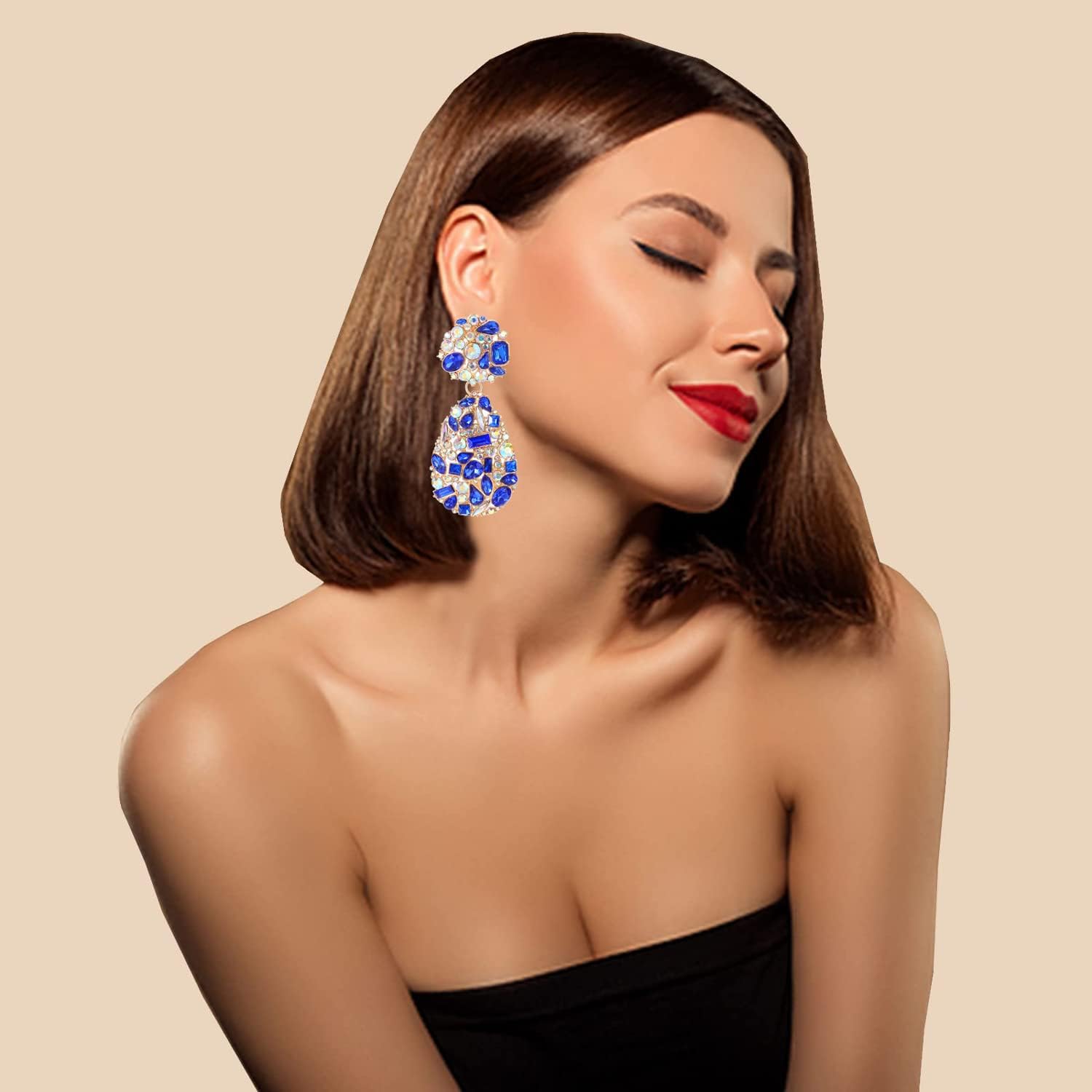 Rhinestone Statement Earrings Teardrop Costume Earrings Cluster Crystal Chandelier Drop Dangle Earrings for Women - Image 8