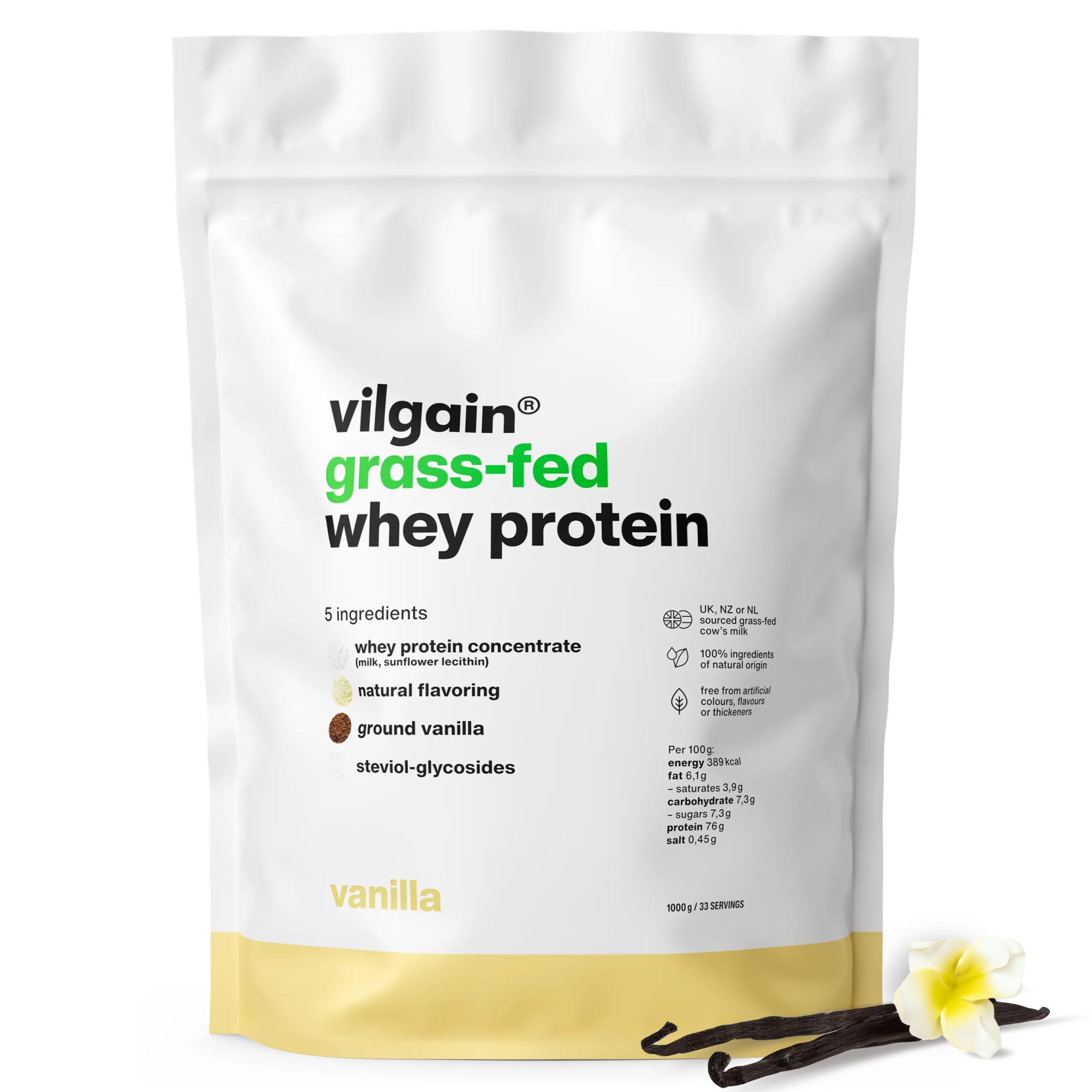 Vilgain Grass-Fed Whey Protein Powder Vanilla 1000g | 22.8g Protein per Serving | British Sourced | Naturally Sweetened with Stevia