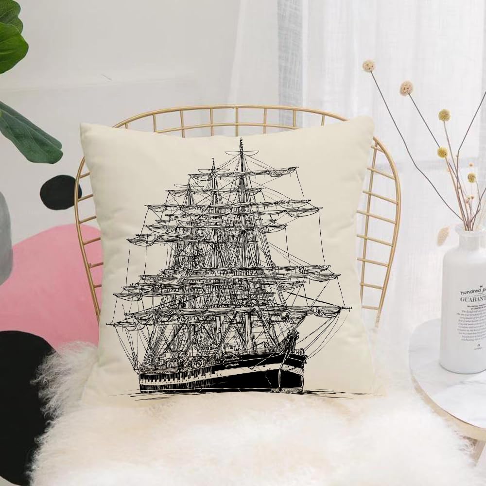 Hyosxw Pirate Ship, Sailboat Detailed Illustration - A4 Cushion Cover,Throw Pillow Case Home Decorative For Living Room Bedroom Sofa Chair 18X18 Inch,Pirate Ship, Sailboat Detailed Illustration L Maritime Theme Vintage,Pillowcase 45X45cm