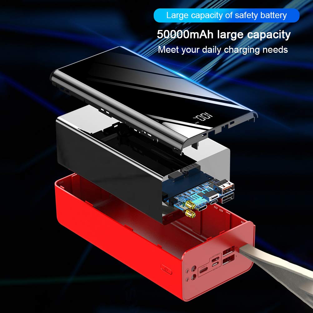 Mobilny powerbank, 50000 mAh przenośne pełne lustro ładowanie, ładowarka USB z podwójną diodą LED i smyczą na klucze, do telefonów komórkowych, smartfonów, kolor czerwony