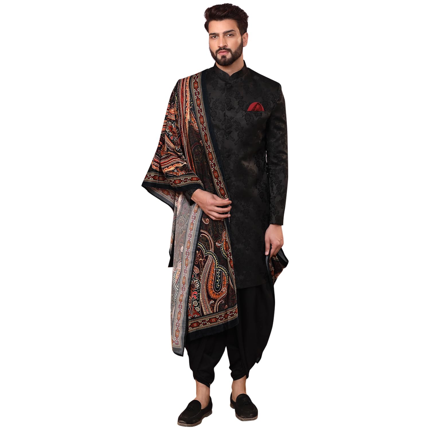 kisah Men Black Textured Silk Blend Jacquard Indowestern Dhoti Pant Dupatta with Zari Design-picture-33