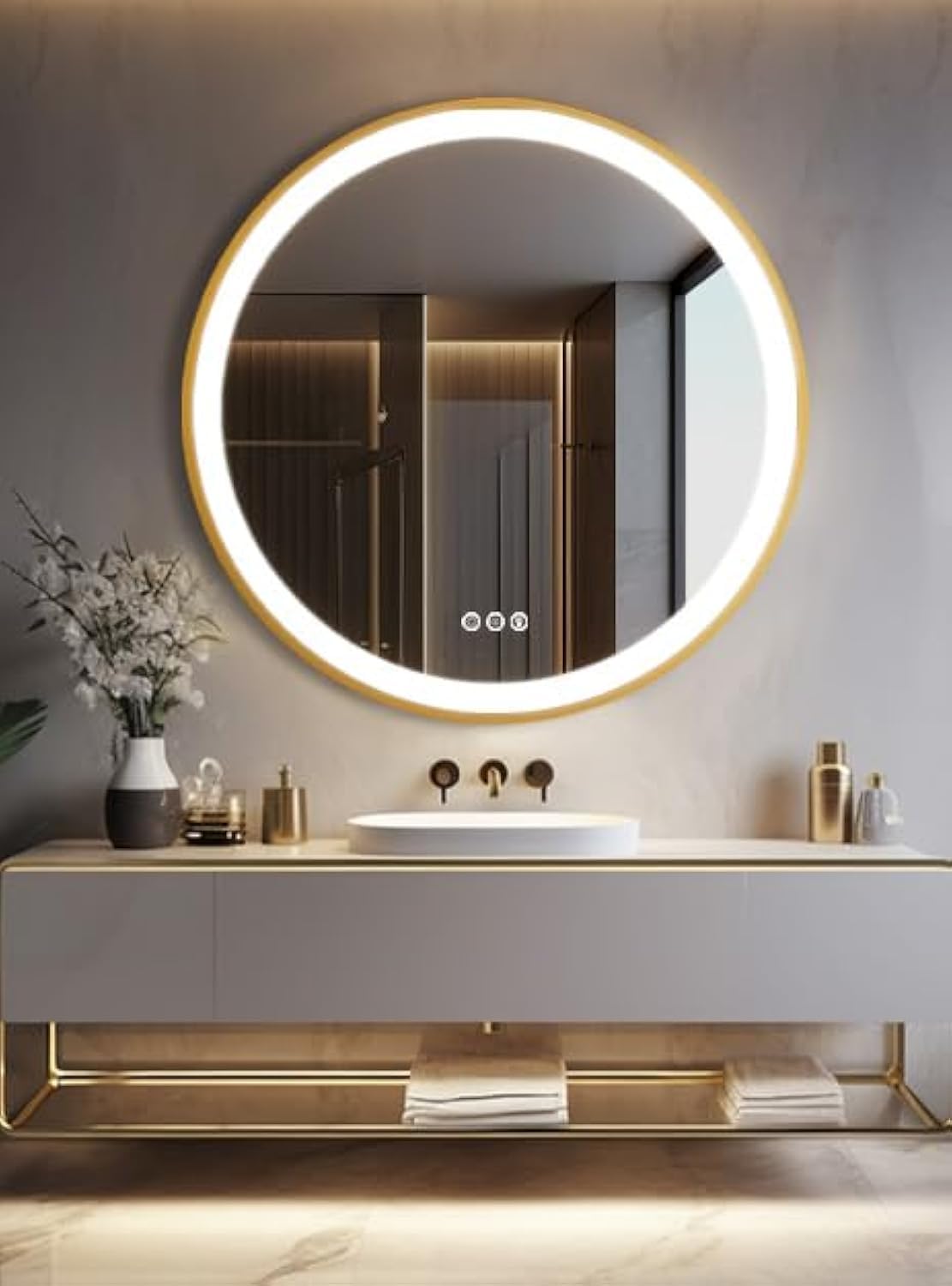WisforBathroom Mirror with LED Light: 80cm Round Illuminated Wall Mirror with Aluminum Gold Frame Smart Touch Switch Memory Function Anti-fog 3 Changeable Lighting Color, IP56