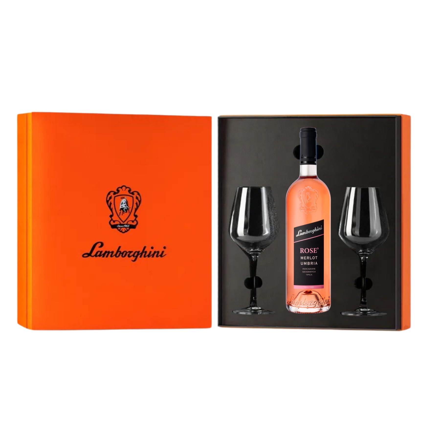 Cofanetto Regalo Lamborghini con Bottiglia di Vino e 2 Calici (GIFT, ROSE' MERLOT)