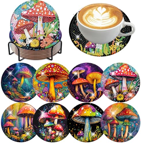 mrpwnle 8 Pack Mushroom Diamond Art Coasters Kits, Mushroom Diamond Painting Coasters Kits Set with Holder Cork Pads, DIY Diamonds Art Non Slip Coaster Crafts Supplies Kit