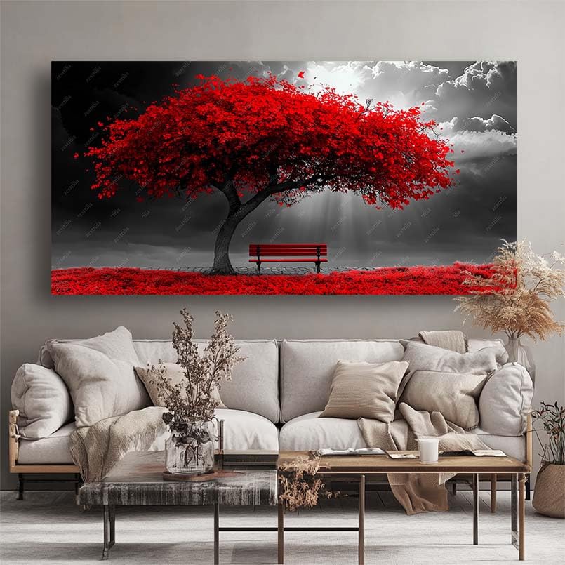 Tableau abstrait salon moderne Arbre rouge grand cadre mural
