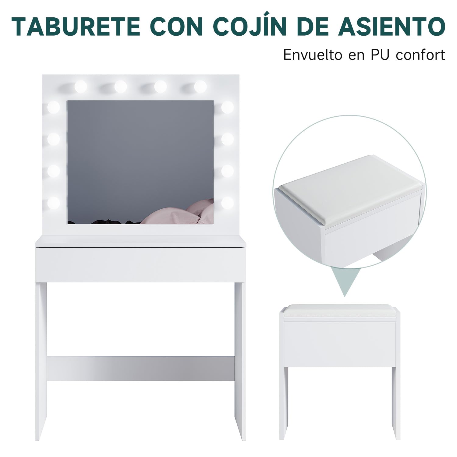 SONNI Tocador, 12 Luces LED con Brillo Ajustable, 1 Cajones Grandes y Taburete, Estilo Moderno, 80x40x140cm-Blanco