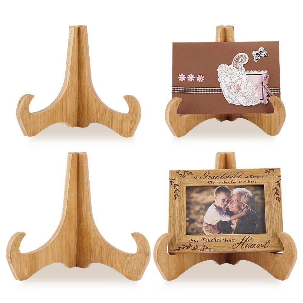 PH PandaHall 4 Pack Bamboo Plate Stands for Display, 6/8 Inch Plate Holders Picture Frame Stand Recipe Book Holder Cookbook Stands for Card Kitchen Counter Platter, Dish, Book, Photo and Plaques