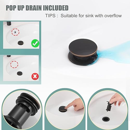 Miniatura 6 de Hoimpro Grifo de baño de 3 agujeros de 4 pulgadas, grifo de baño de bronce aceitado en cascada, dos asas, juego central, grifo de lavabo de baño,