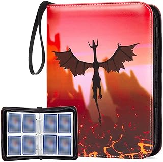 Trading Card Binder 4 Pockets, Hold Up to 400 Cards, PU Cards Holder Book with Zipper for Game Cards and Sports Trading Cards, Baseball Card Binder and Football Card Binder for Kids,Dragon