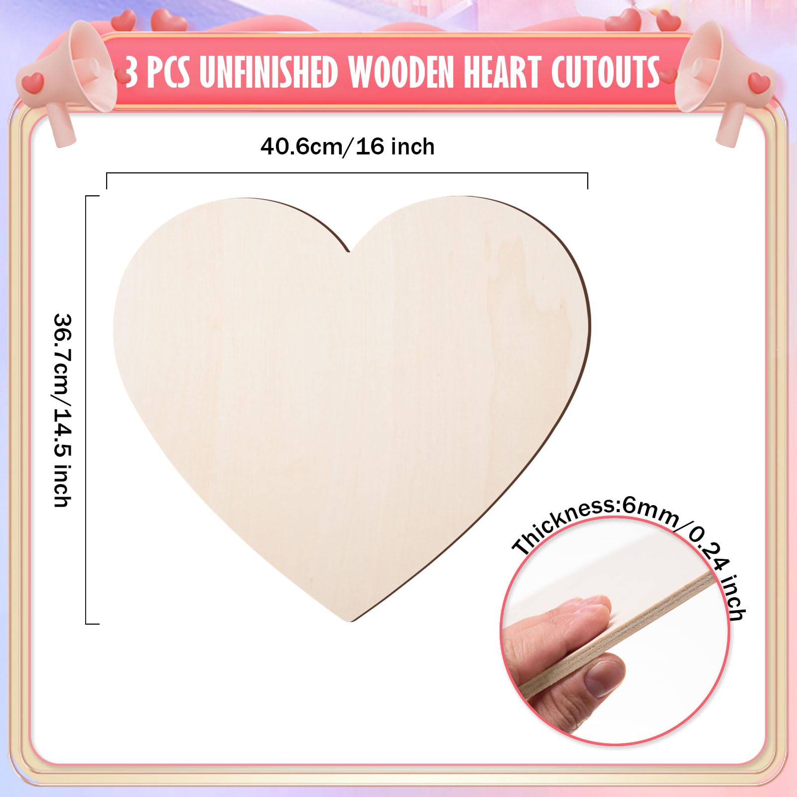 AWIZOM 3 Stück 40,6 cm unlackierte Holzherzen zum Basteln, blanko Holzherzausschnitte, 1/4 dicke große Holzherzscheiben für Valentinstagsprojekte, Malerei, Türhänger, Schilderherstellung, Lasergravur