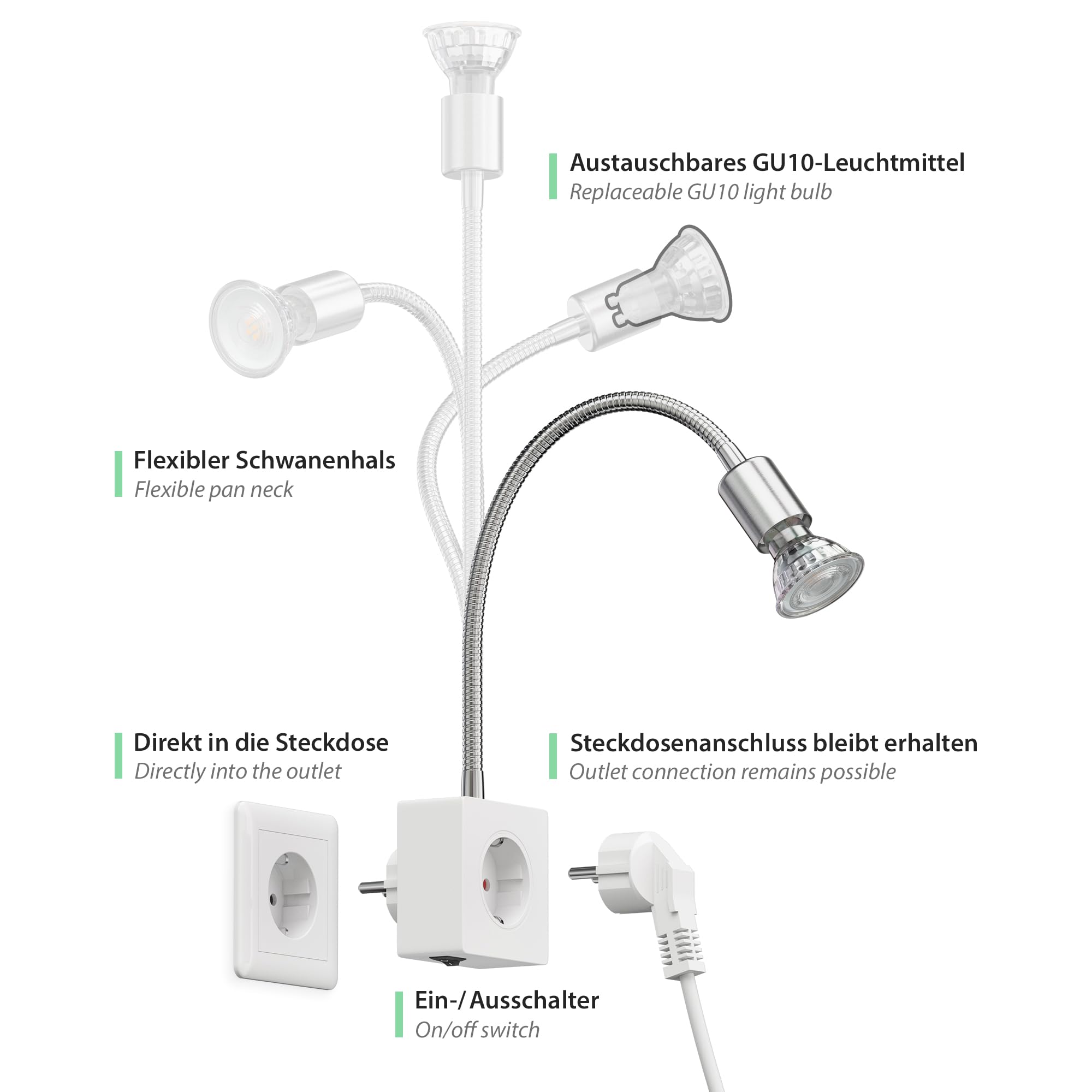 ledscom.de 2 lámparas con enchufe/lámparas de lectura LESCH, cuello de cisne, interruptor, cromado/blanco, 1 casquillo GU10 de máx. 10 W