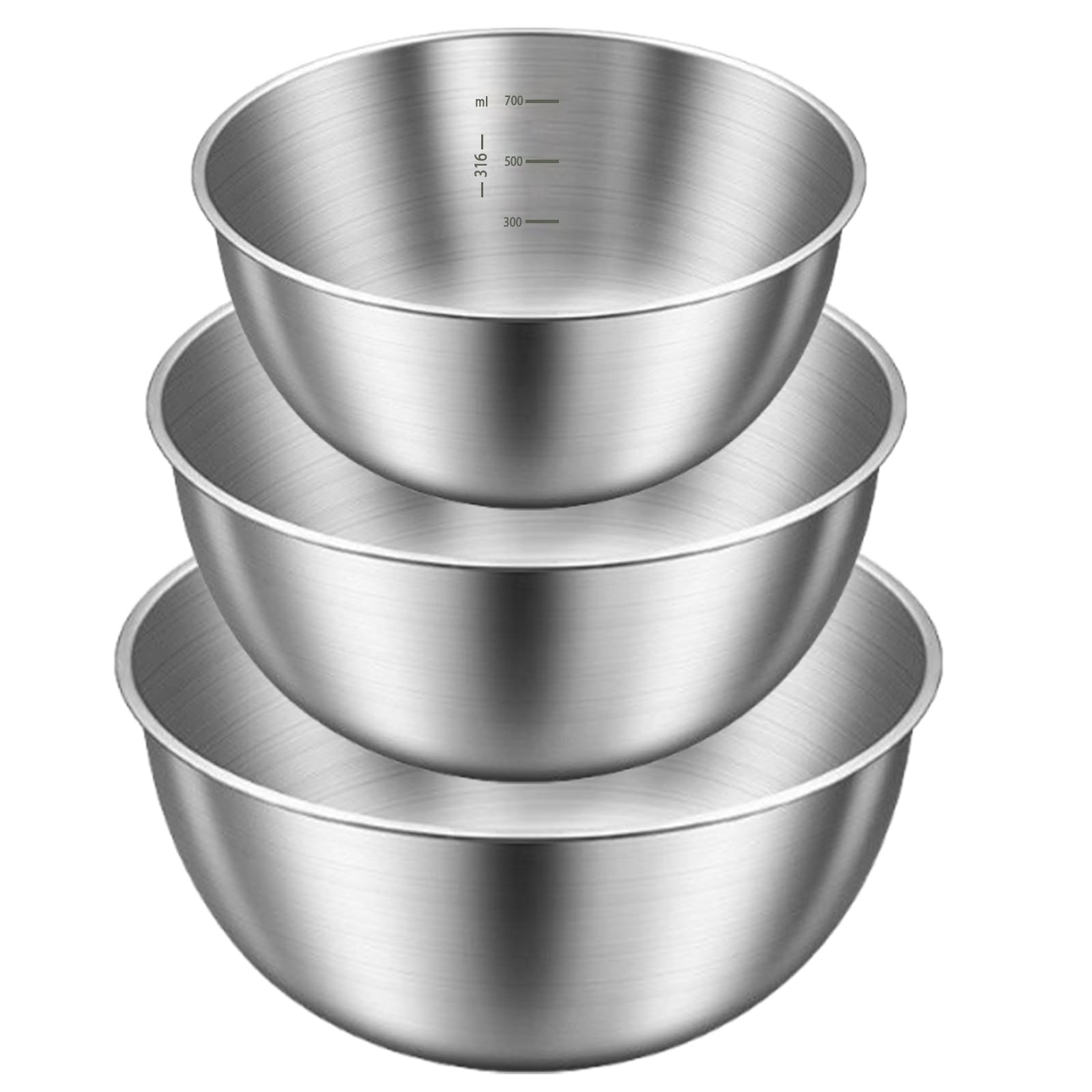 Set di 3 ciotole in acciaio inox, 22 cm, 19 cm, 17 cm, struttura monoblocco, fondo antiscivolo, finitura spazzolata, ideali come ciotole per impastare, impastare, insalata e preparazione di