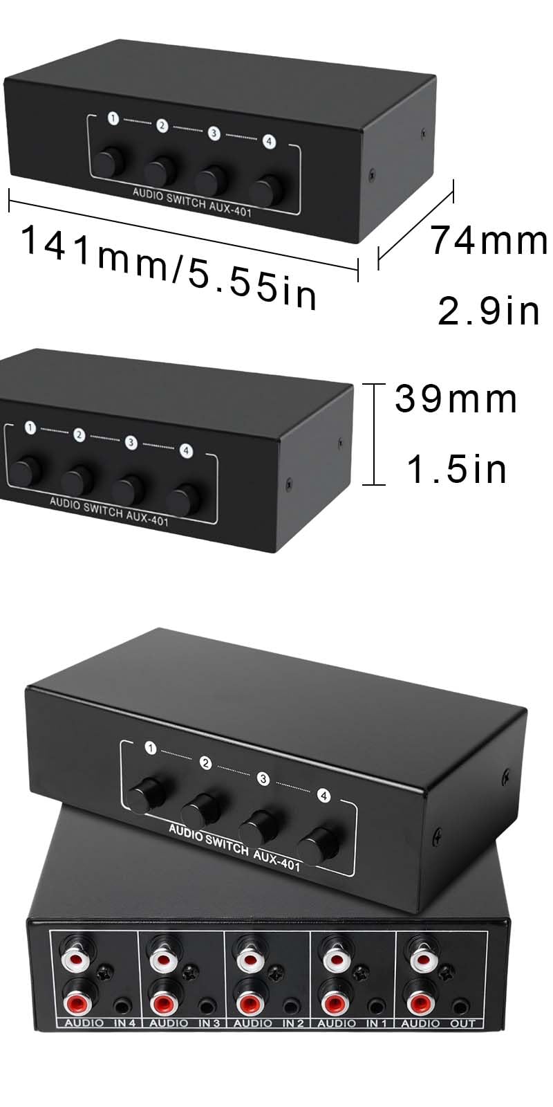 Interruttore Audio,Selettore audio stereo 4 in 1 uscita,Selettore audio stereo,Switch Audio Commutatore,Commutatore AV,Quattro in entrata e una in uscita, adatti per DVD, console di gioco