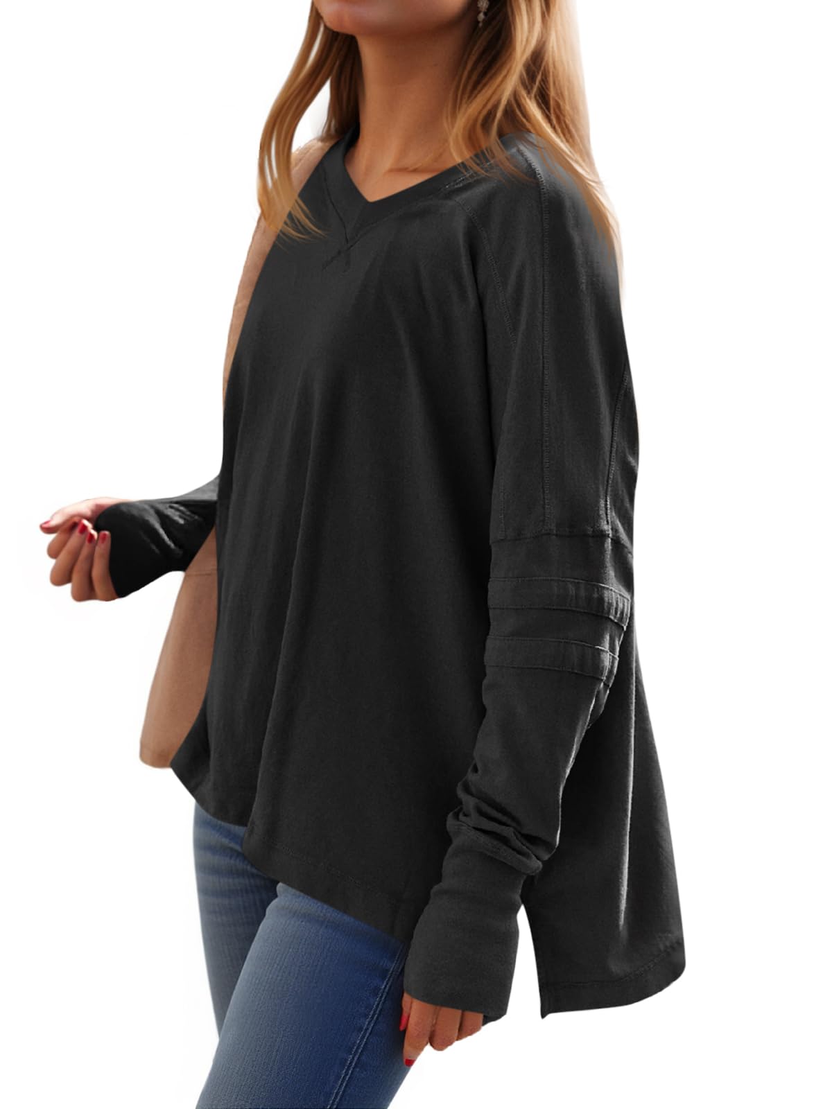 Tankaneo Top da donna a maniche lunghe da allenamento, oversize, con scollo a V, con spacco laterale, tuniche da palestra con fori per i pollici