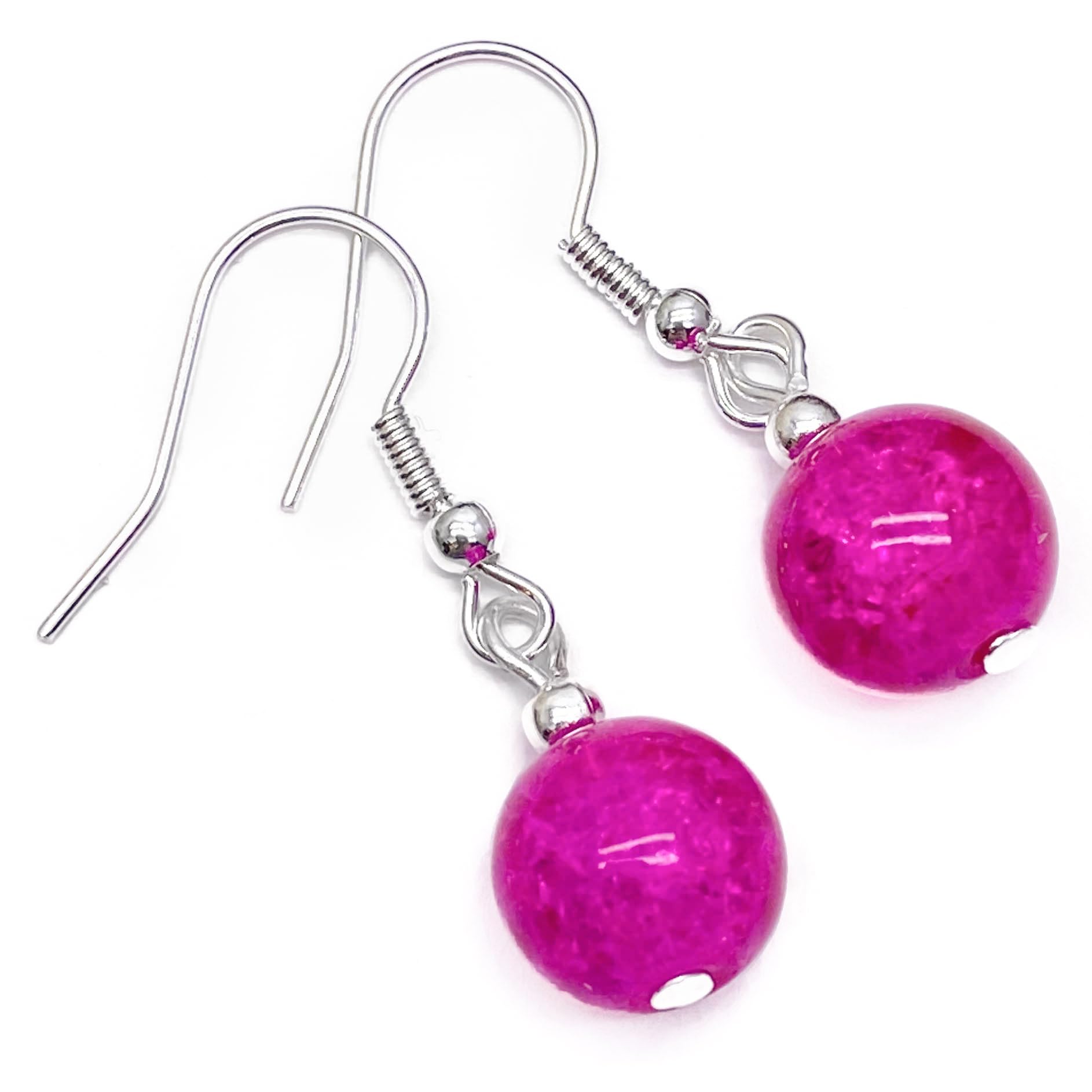 Hot Pink Crackle Glass Bead Earrings, 10mm Round Fuschia Beads on Nickel Free Silver Tone Hooks : 35mm long, Colourful Beaded Gift for Women