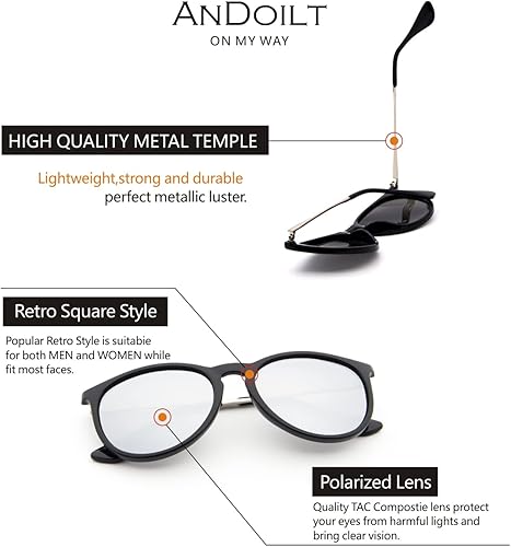 Miniatura 9 de ANDOILT Lentes de sol polarizados vintage para mujeres y hombres, protección UV, lentes de espejo redondos retro