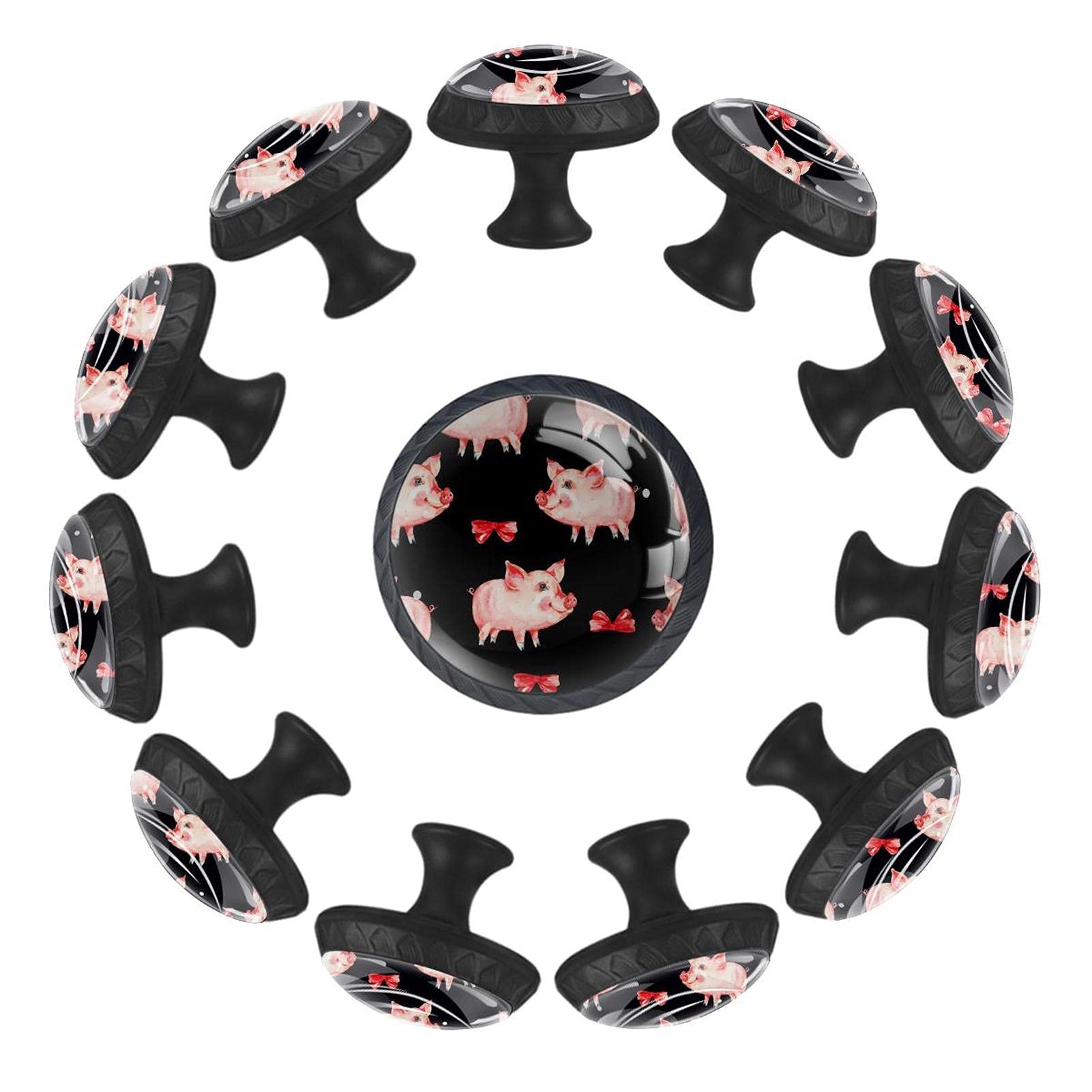 Boutons de tiroir ronds avec motifs cochon et papillon lot de 12 pièces noires