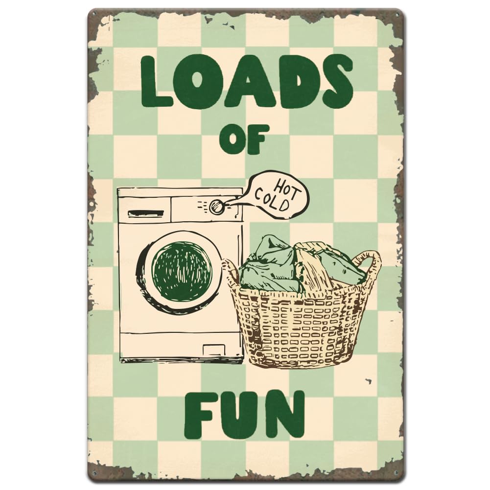 SUPERDANT Loads Of Fun Metal Signs Green Checkered Plaque for Laundry Room