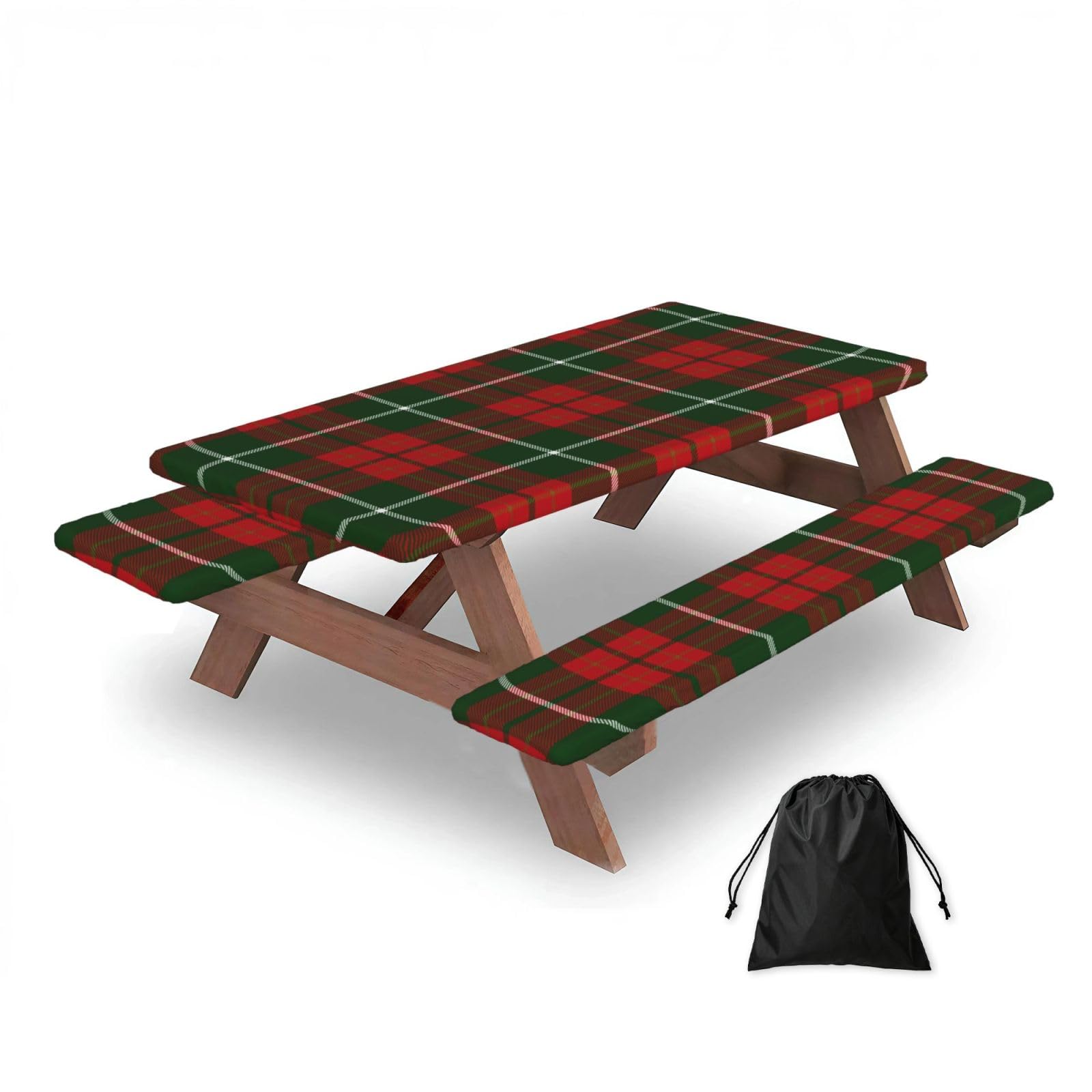 Dopklna As Picture Christmas Decorative Tartan, Picnic Table Cover With Bench Covers -Waterproof Elastic Fitted Tablecloth For Garden Camping Patio 76X152cm
