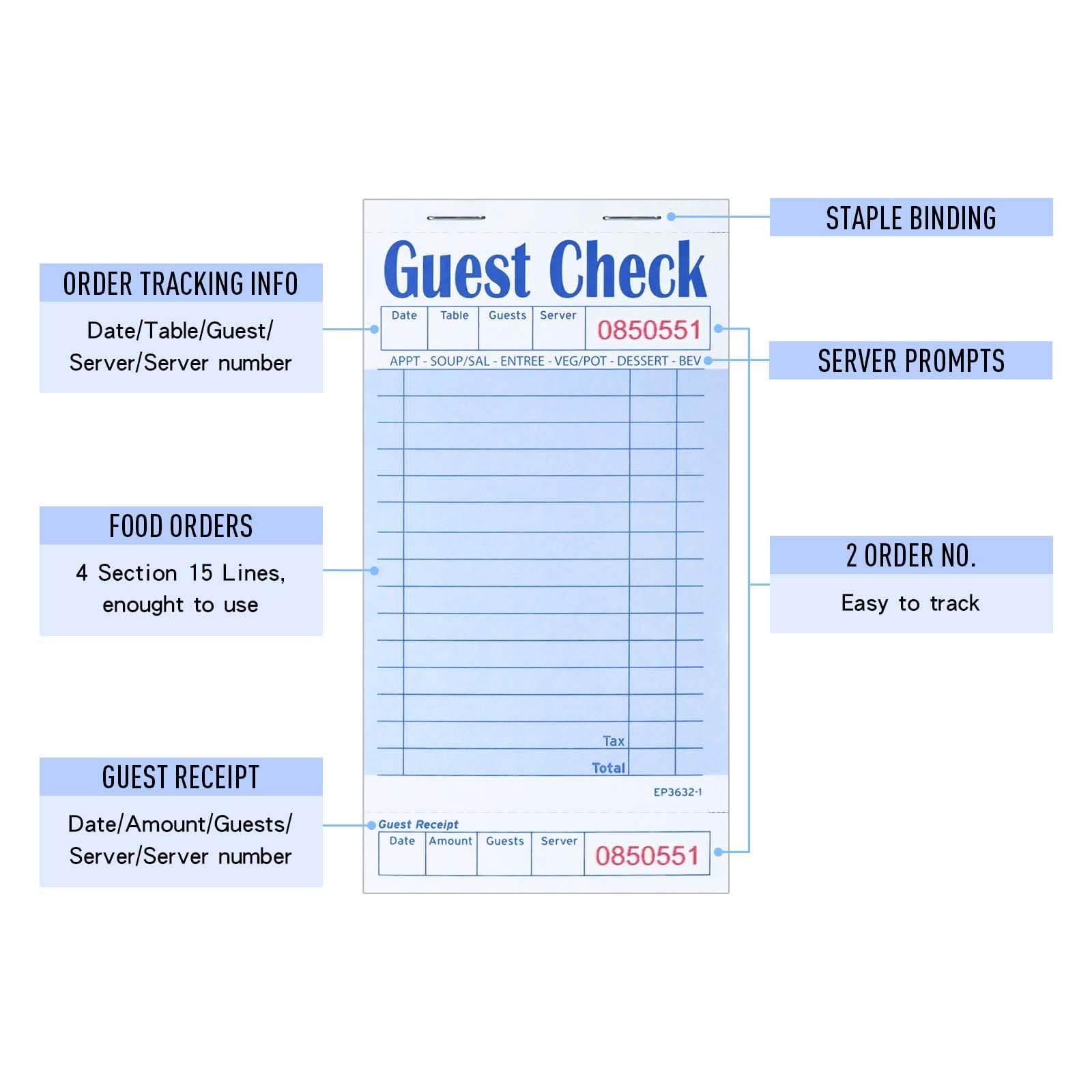 DGBDPACK Guest Check Pads EP-3632-1 Lot de 10 blocs de 500 carnets bleus pour serveuse 500 feuilles