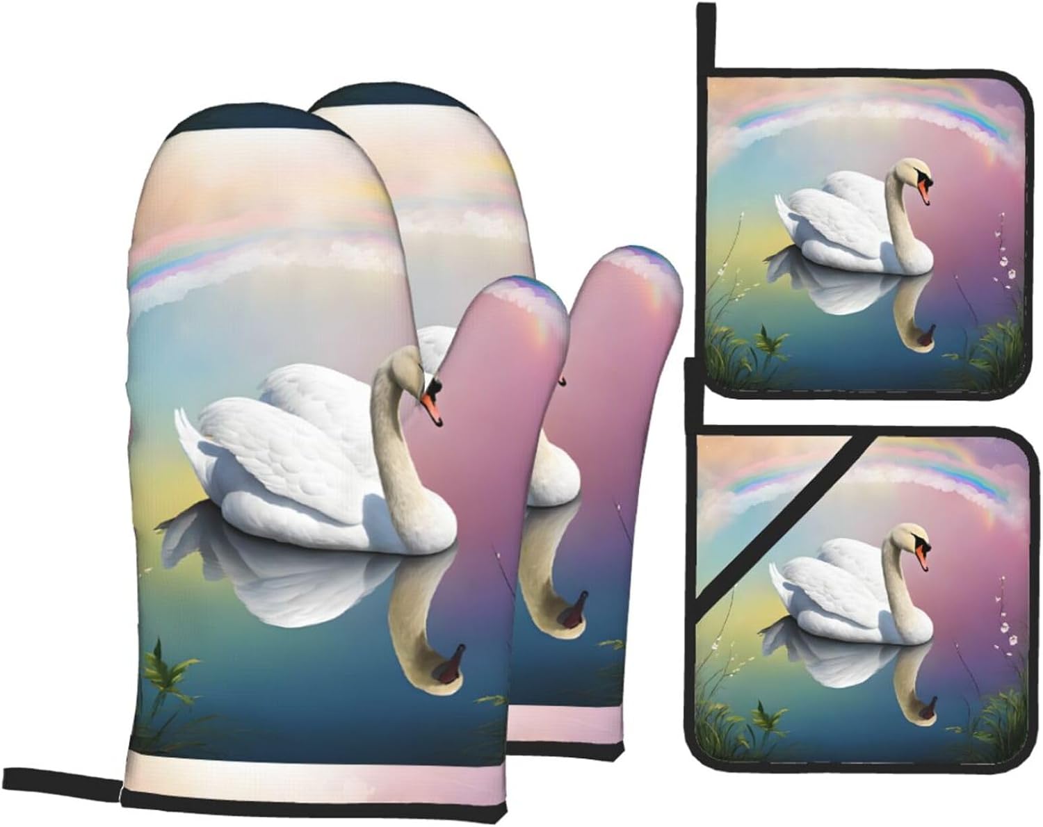 (White Swan) Baking 4-Piece Set: 2 Oven Mitts and 2 Pot Holders Heat Resistant Waterproof Hanging Loop for Kitchen Oven Grill Housewarming Gifts