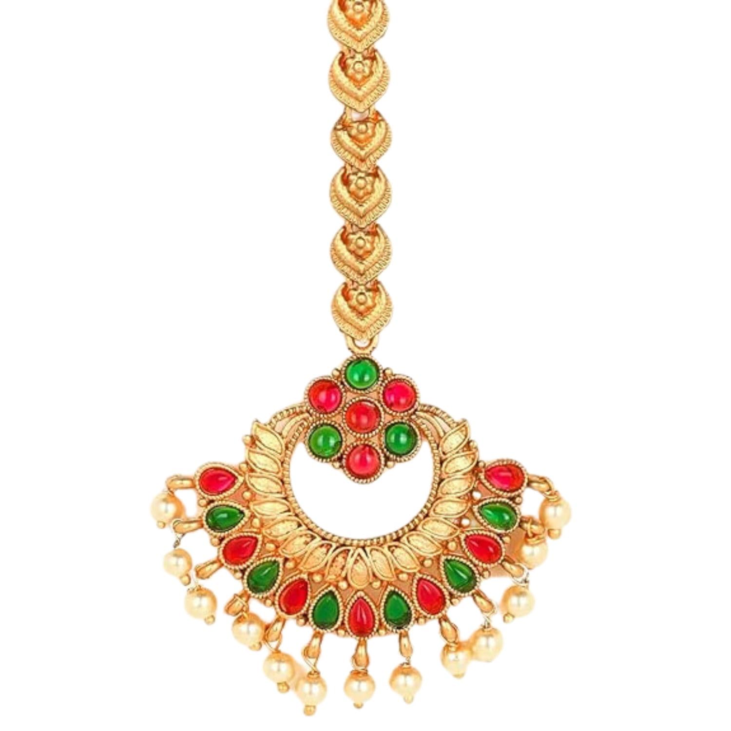 Accessher Stunning Matte Gold Plated Ethnic Semi Precious Stones Studded Antique Design Inspired Maang Tikka/Maang Tika with Pearl Drops for Women and Girls | Gifting for Karwachauth | (B0CG1HQVGF) Amazon Price History, Amazon Price Tracker