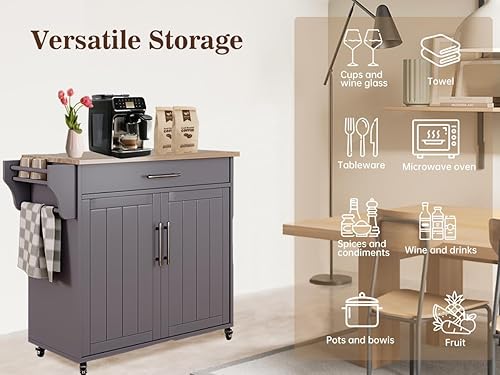 Miniatura 6 de Pingliang Home Isla de almacenamiento de cocina, isla rodante de madera sobre ruedas con encimera, carrito de isla de cocina móvil con toallero,