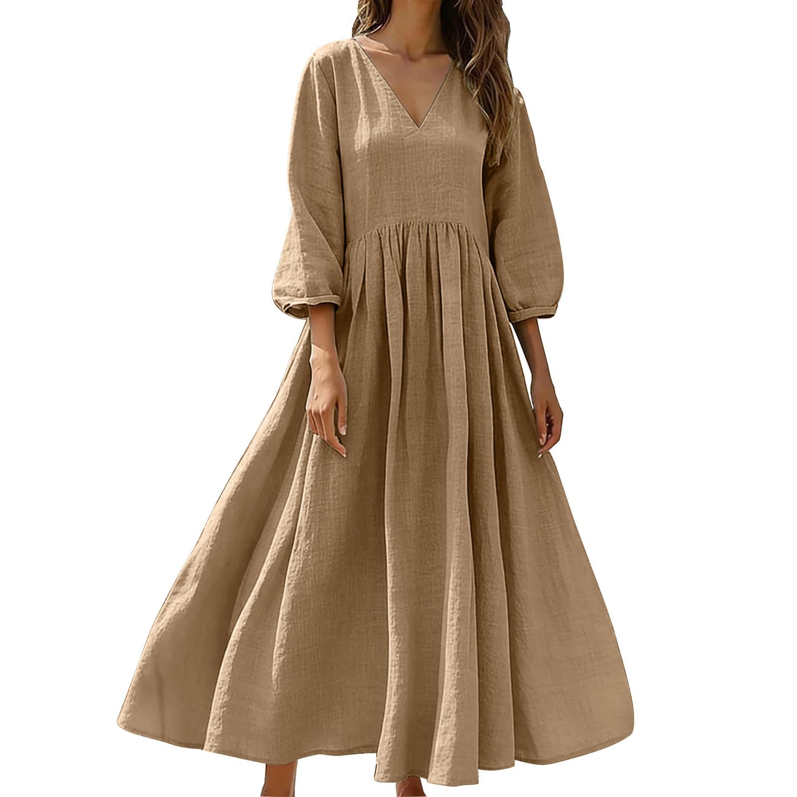 Robe décontractée coton et lin anti-chaleur col en V - 8