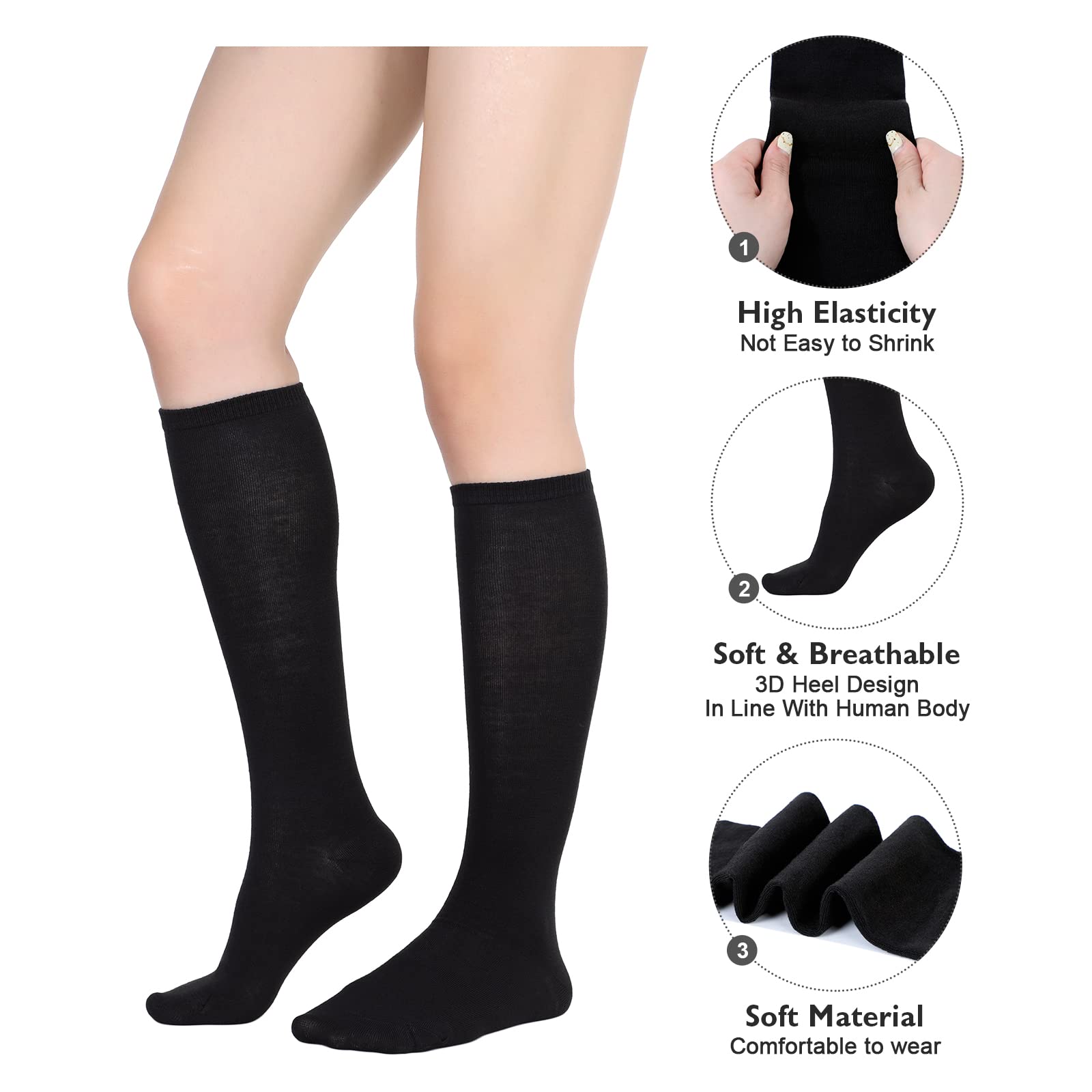 Calcetines altos hasta la rodilla para mujer, calcetines largos atléticos delgados de muslo alto, calcetines deportivos al aire libre, calcetines de tubo casuales, Paquete de 3 Negro, Talla única