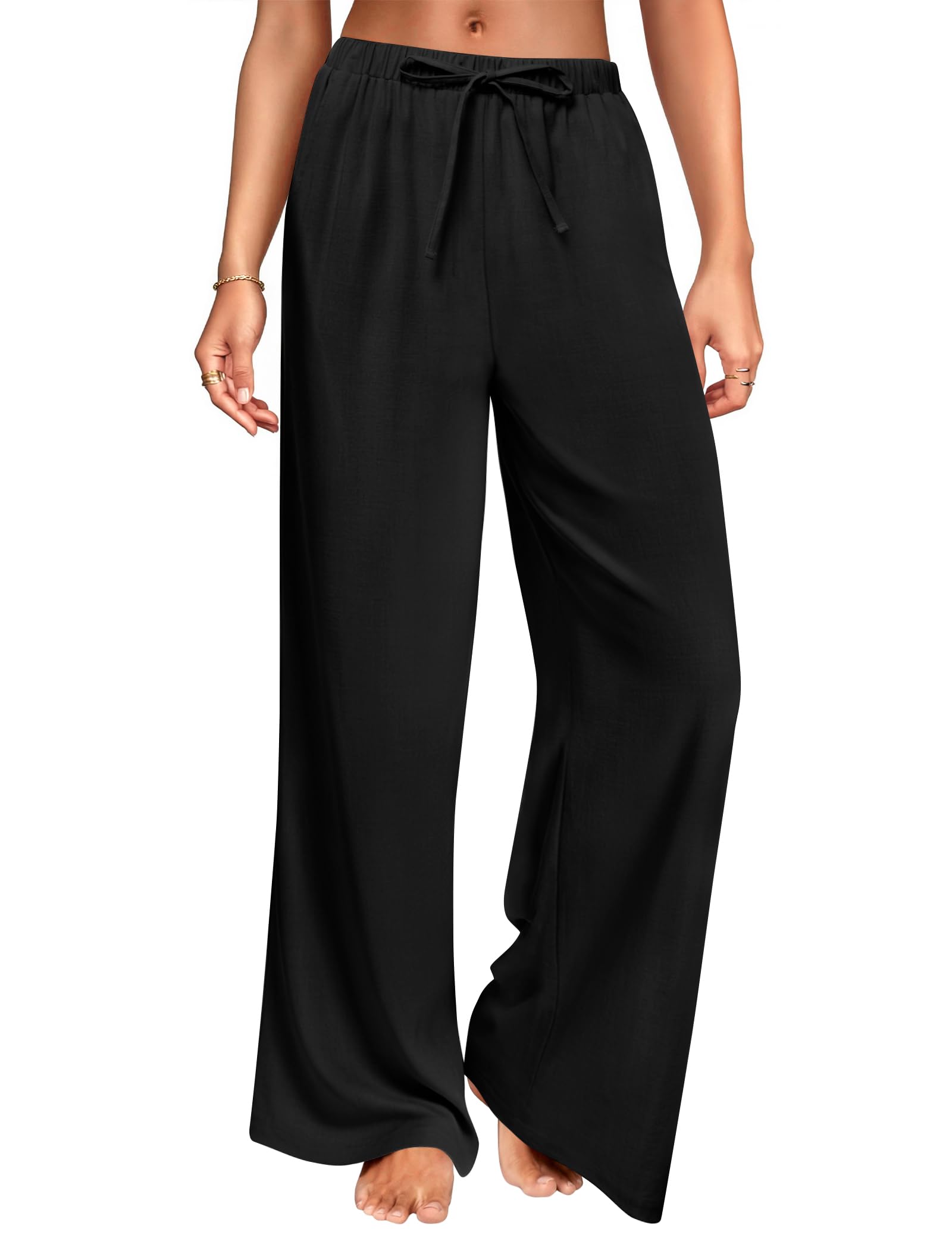 DLOODA Wide Leg Linen Pants for Women, Loose Palazzo Drawstring Trousers | Deep Side Pockets, Breathable Cotton Linen, Pull on High Waisted, Elastic Waisted, Lightweight, Summer Beach Vacation