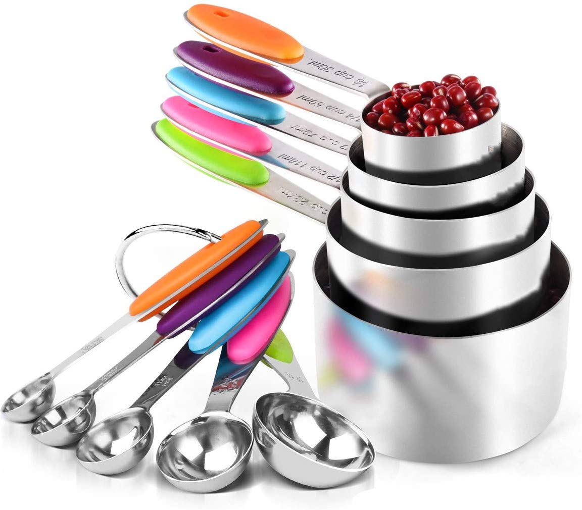 10Pcs Stainless Steel Measuring Cups Spoons Set for Dry and Liquid Ingredients Fits in Spice Jars