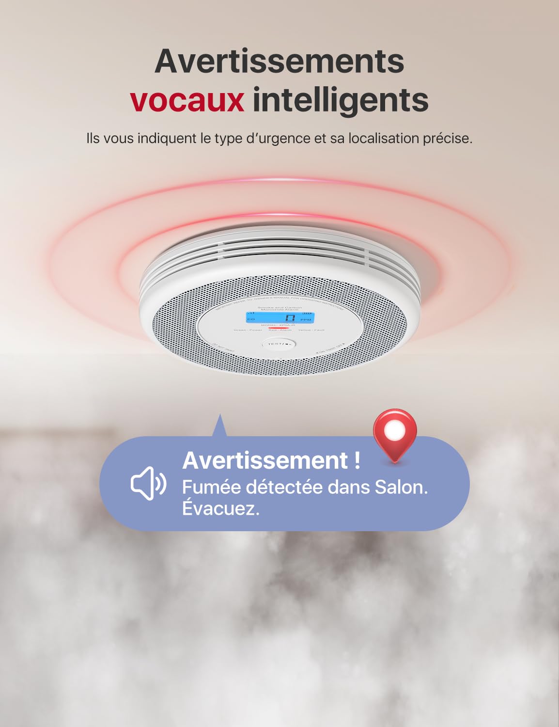 X-Sense Détecteur de Fumée et de Monoxyde de Carbone Connecté avec Fonction d’Alerte Vocale en Français, Détecteur de Fumée Wi-FI Compatible avec X-Sense Home Security App, XP0A-iR, Lot de 1