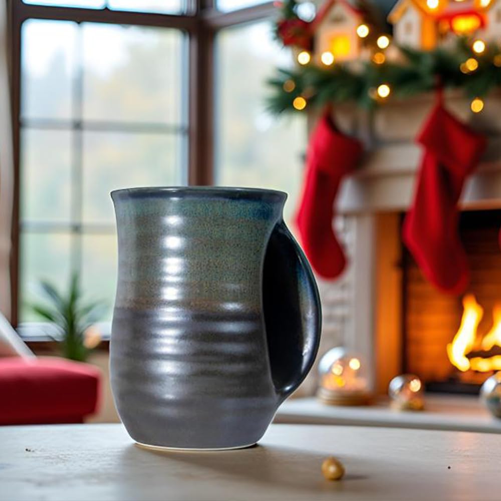Handwärmer-Tasse, 473 ml, große Handwärmbecher, Keramik, Geschenk für Kaffee, Tee, handgefertigte Keramik, mit Taschengriff, für Rechtshänder, Braun