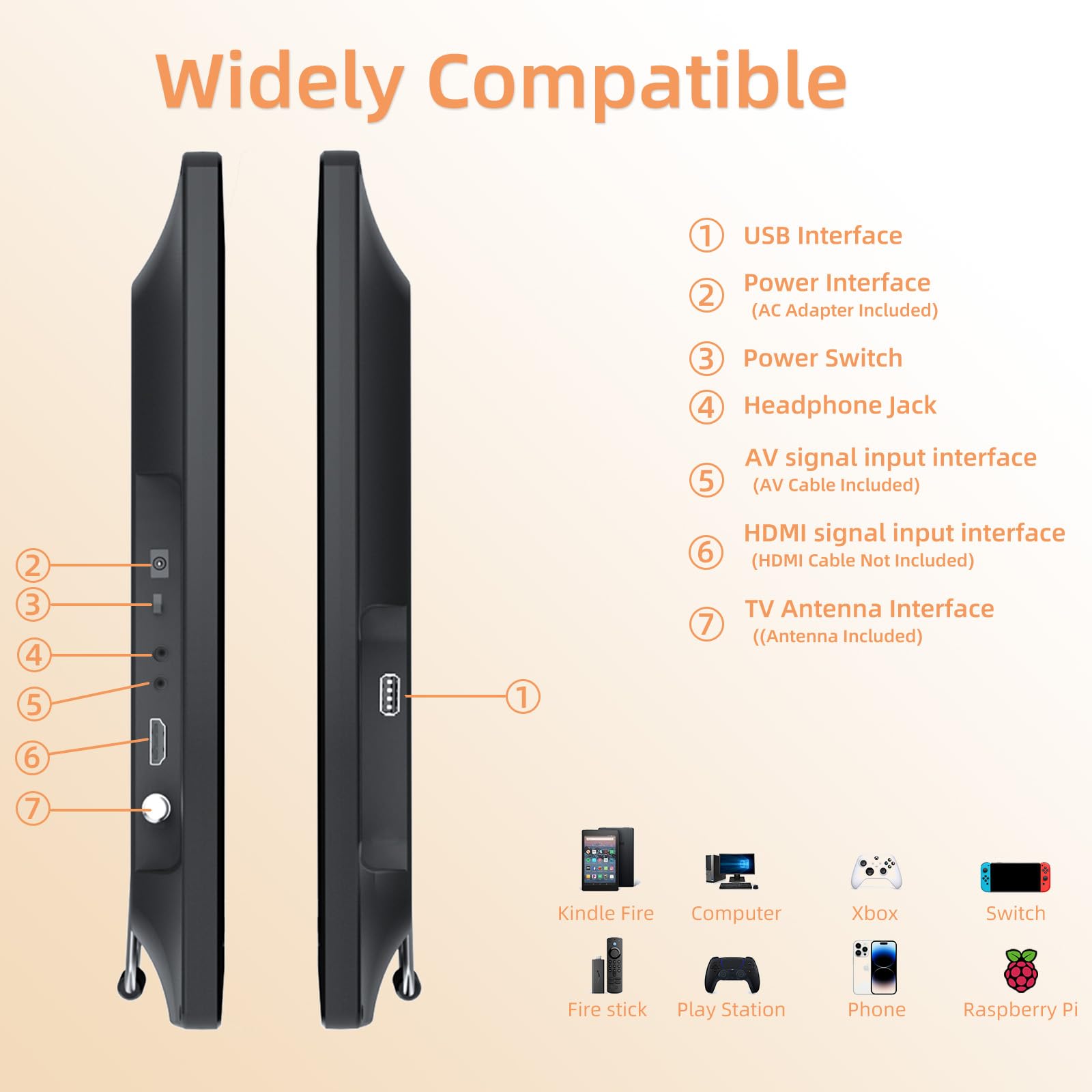 Desobry 19 Inch Portable TV with freeview Antenna, 1080P Small Television with HDMI AV Input, USB Port, Portable Monitor with Built-in Stand, 12V TV for caravan motorhome kitchen bedroom (No Battery)