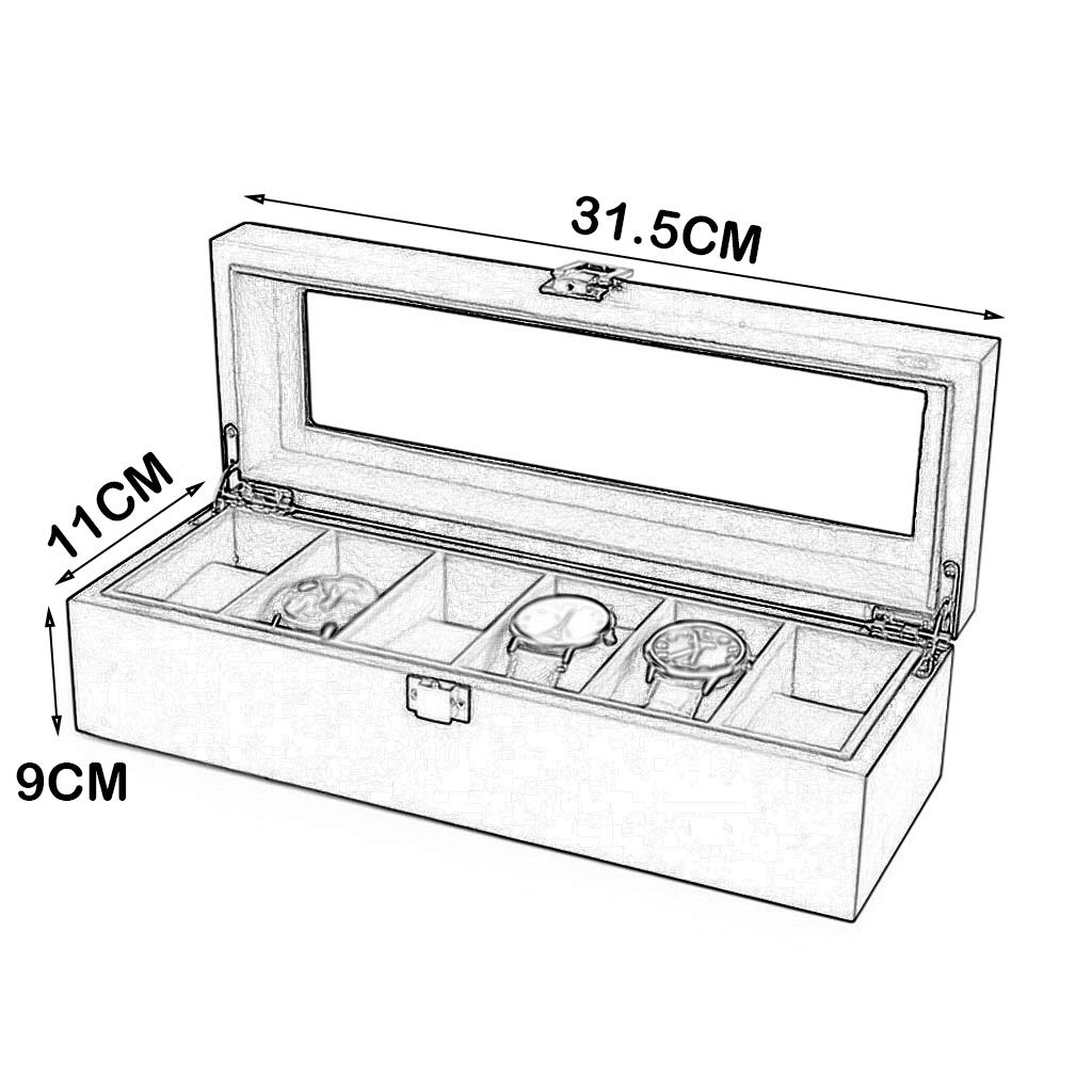 MUSUMI Caja de almacenamiento de reloj de 6 ranuras Joyero Pulsera Vitrina Interior de Madera con forro de flocado Suave con 6 cojines Cierre de Broche de Metal con tapa de vidrio