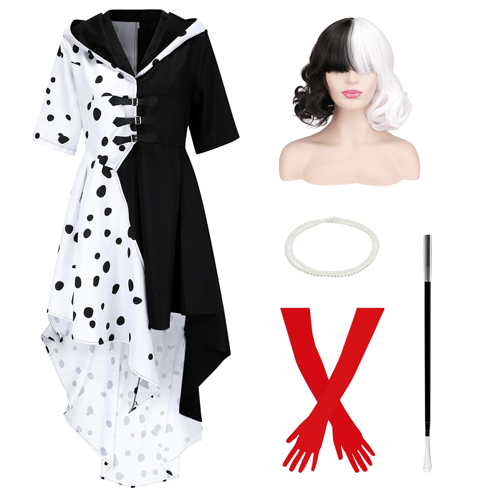 AMOBON Cruella Devil Women's Costume, Cruella Deville Dress, Hooded Coat in Dress Style, Evil Madame Dress, Cardigan for Halloween, Carnival, Cosplay, Carnival Party (Set of 5, L)