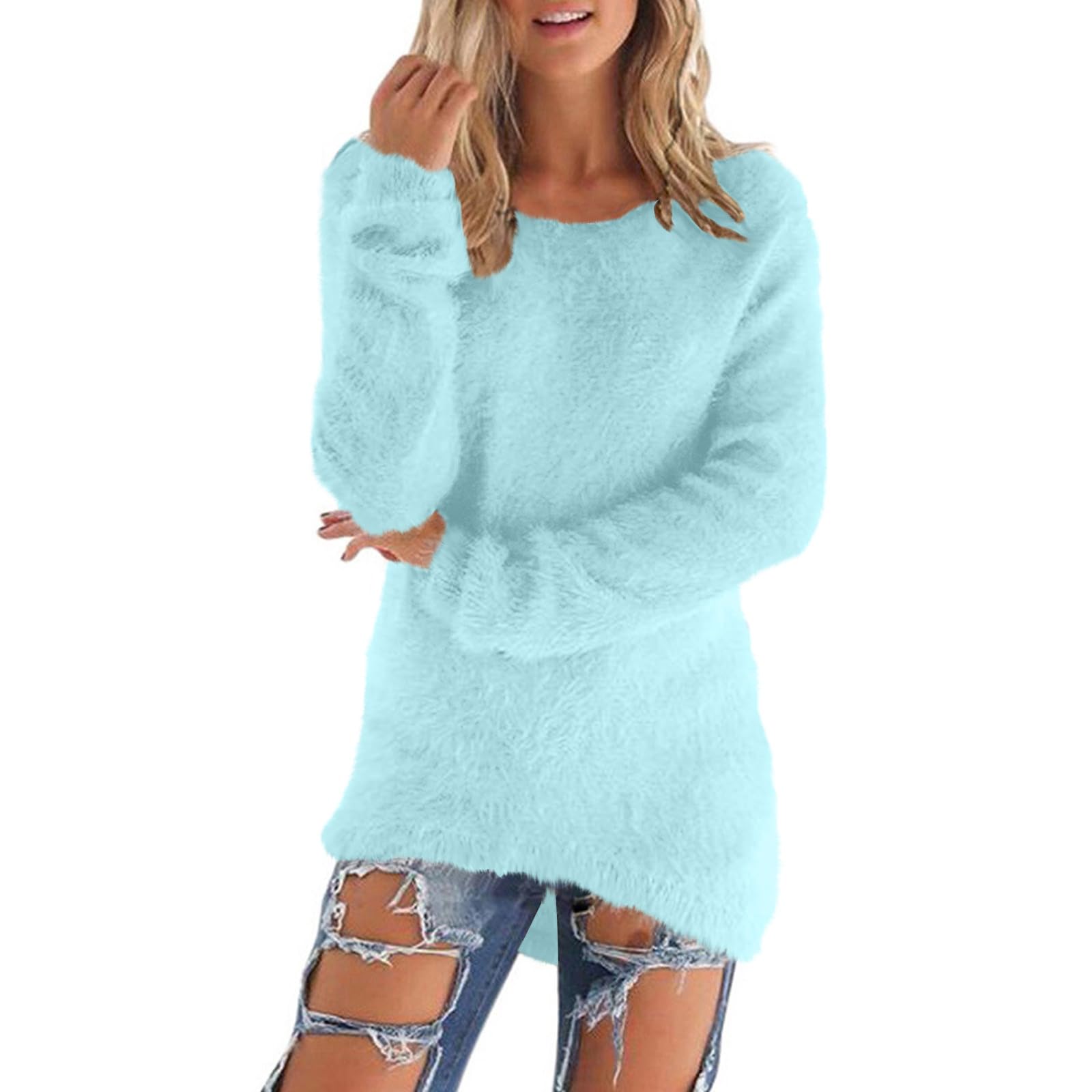 Womens Oversized Fuzzy Knit Sweater Fall Winter Long Sleeve Crew Neck Casual Plush Fluffy Pullover Sweater Tops