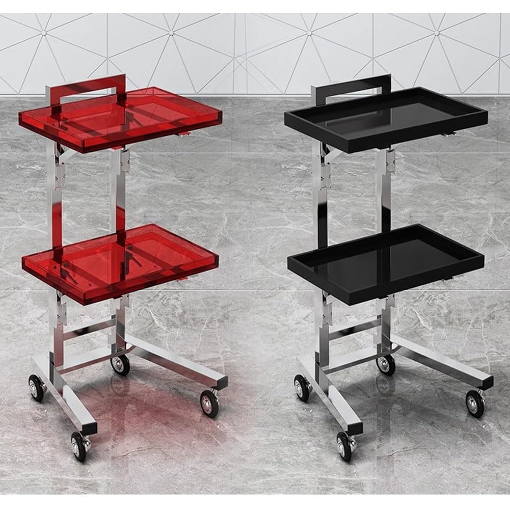 Professioneller, Faltbarer Salon-Tablettwagen aus Edelstahl mit Rollen, 2-stöckiger Rollwagen für Tätowierer, transparente Ablage, tragbar und praktisch,Rosso-40x30x86cm