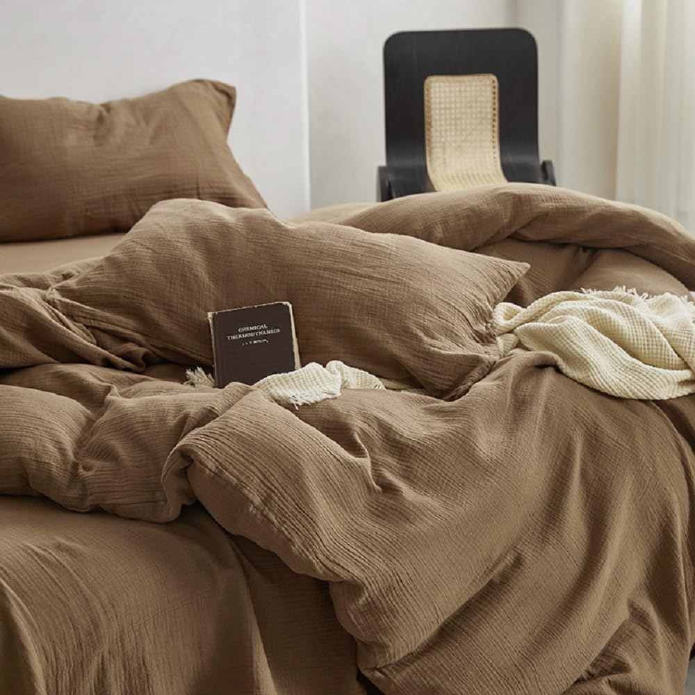 Muslin Duvet Cover Set 100% Cotton King Size,Double-Layer Linen Like Gauze Comforter Cover Brown 3 Pieces,Okeo-tex 100 Certified Duvet Cover 104"x90" with 2 Pillowcases for All Season