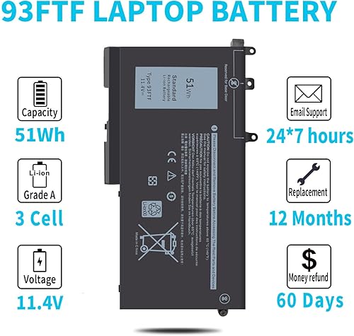Miniatura 5 de Batería tipo 93FTF de 51 Wh para Dell Latitude 5580 5480 5280 5590 5490 5491 5290 5288 5488 5495 5591 E5580 E5480 E5280 E5590 E5590 E5590 5490 E5290