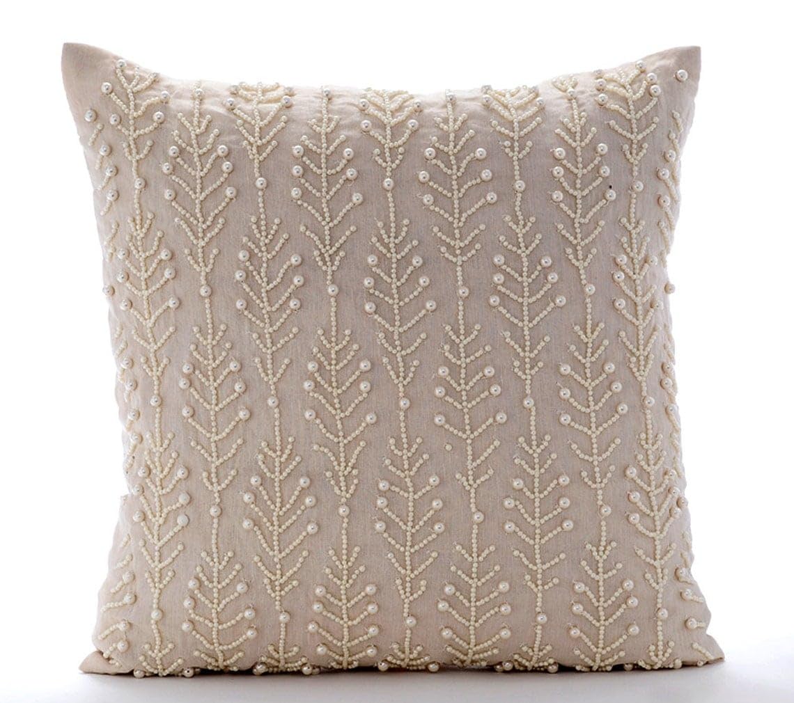The HomeCentric Beige Decorative Cushion Cover, Pearls Leaf & Flowers Floral Theme Pack of 2, 40x40 cm (16"x16") Cushion Covers, Square Cotton Linen Cushions Cover Floral Contemporary - Pearl Essence โ image 1