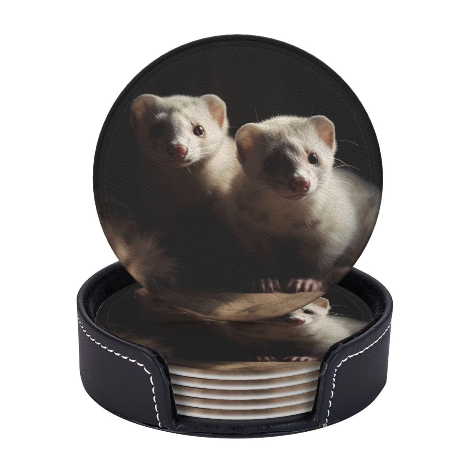 Drink Coasters 6 PCS Round Leather Coaster Little Ferret Coasters for Drinks Non-Slip Mugs Pads with Holder Personalized Cups Pad Mat for Coffee Table Kitchen 10 CM