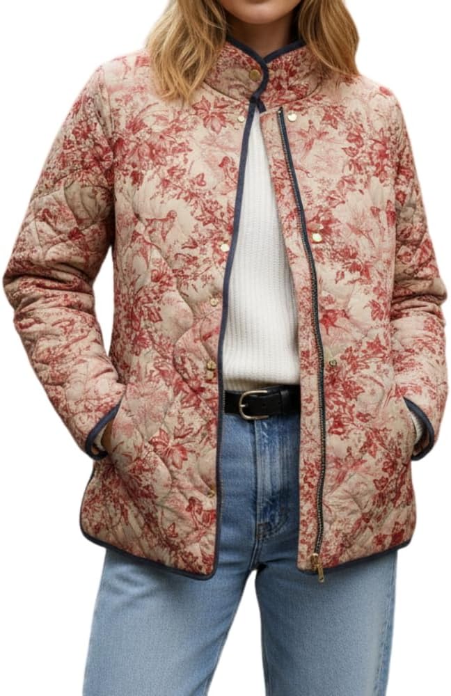 Akivide Women's Vintage Floral Pattern Quilted Jacket Casual Fall Winter Snap Button Open Lightweight Coat with Pockets