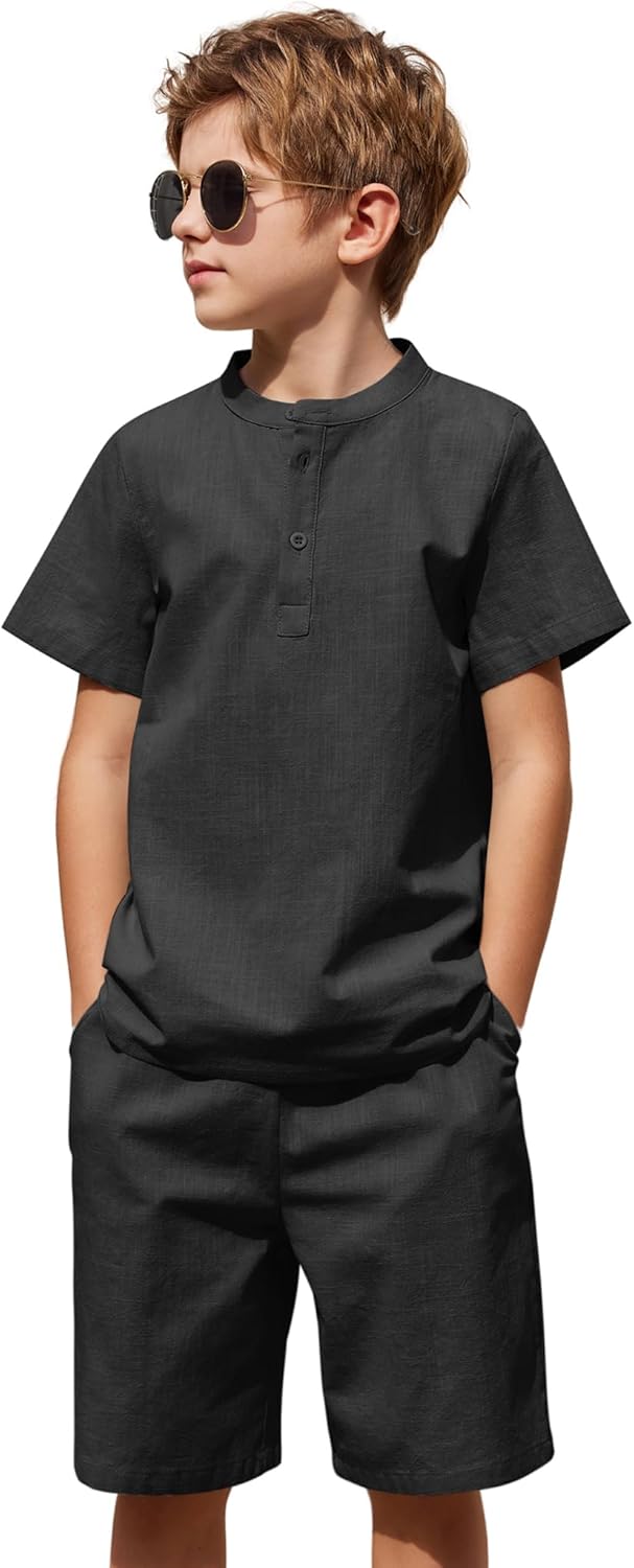 Arshiner Boy's 2 Pieces Cotton Linen Set Casual Henley Shirts Short Sleeve Beach Shorts Summer Outfits for 5-12 Years