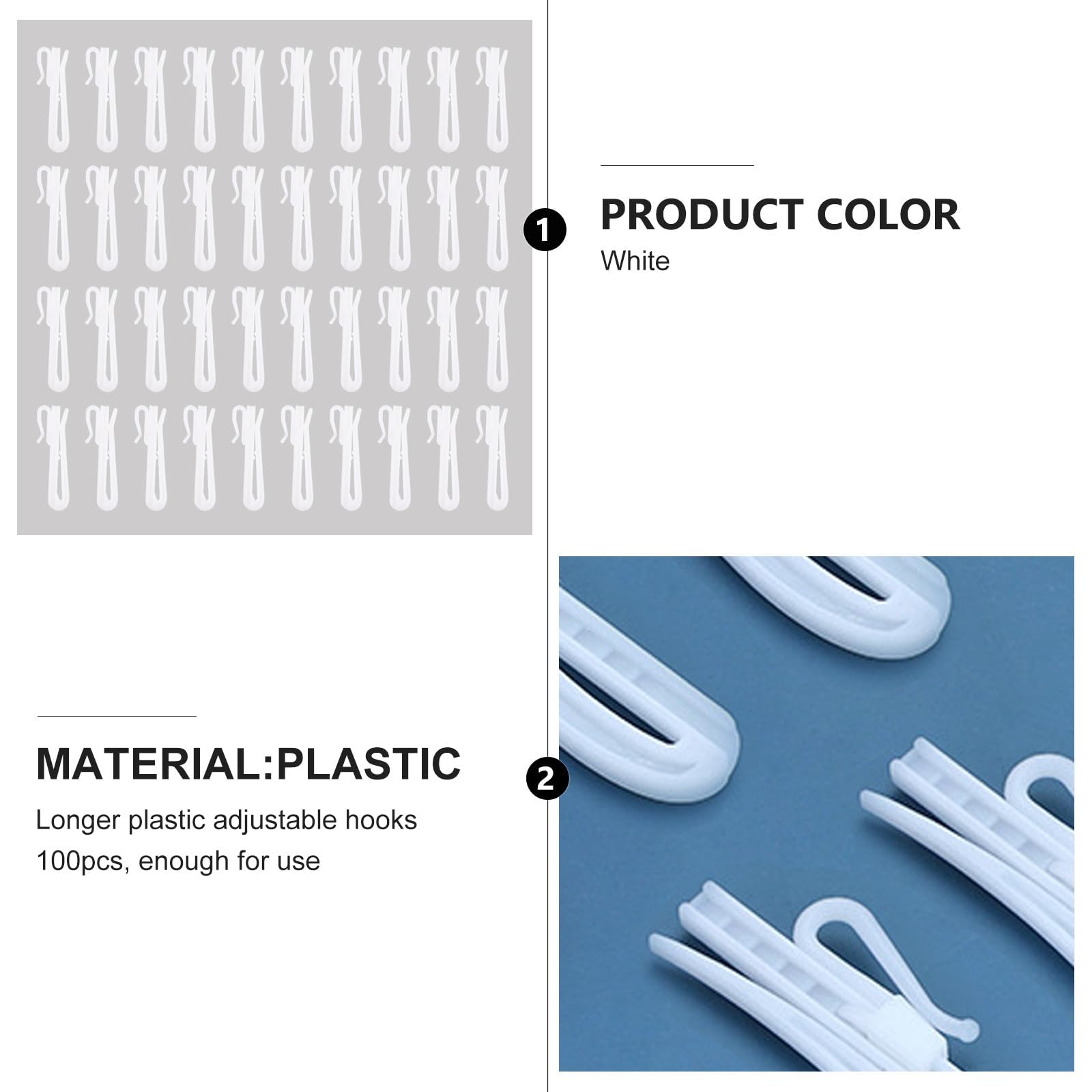 Tofficu 100 Ganci Regolabili per Tende in Plastica Bianca Angoli Arrotondati, Superficie Liscia e Design Semplice per Tende per Finestre e Balcone Esterno